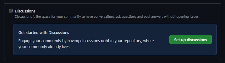 Seção Features das configurações com a caixa de seleção do Discussions