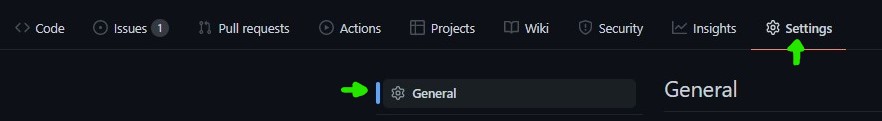 Menu do repositório com a opção Settings em destaque