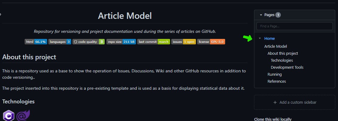 Primeira página da Wiki criada a partir do README, com o sumário lateral, mostrando a documentação com GitHub organizada