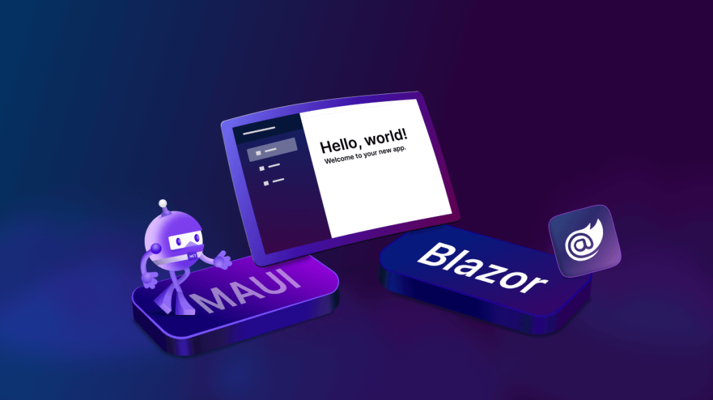 Aplicação .NET MAUI desktop com Blazor Hybrid renderizando componentes Razor em HTML e CSS