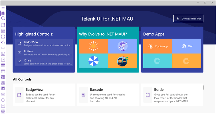 Componentes da Telerik para .NET MAUI desktop exibindo grids e gráficos em uma aplicação corporativa
