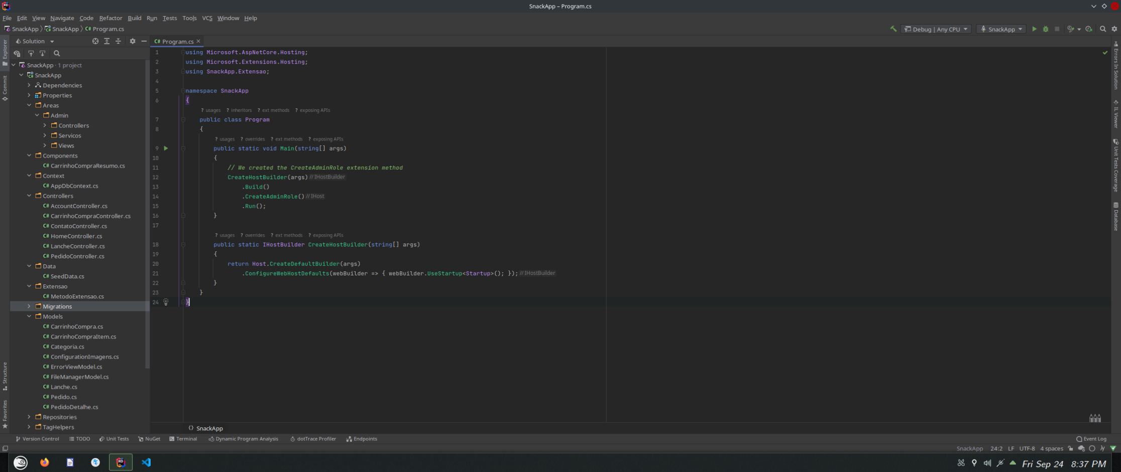 IDE JetBrains Rider aberta no Linux com um projeto C# no Linux carregado no editor