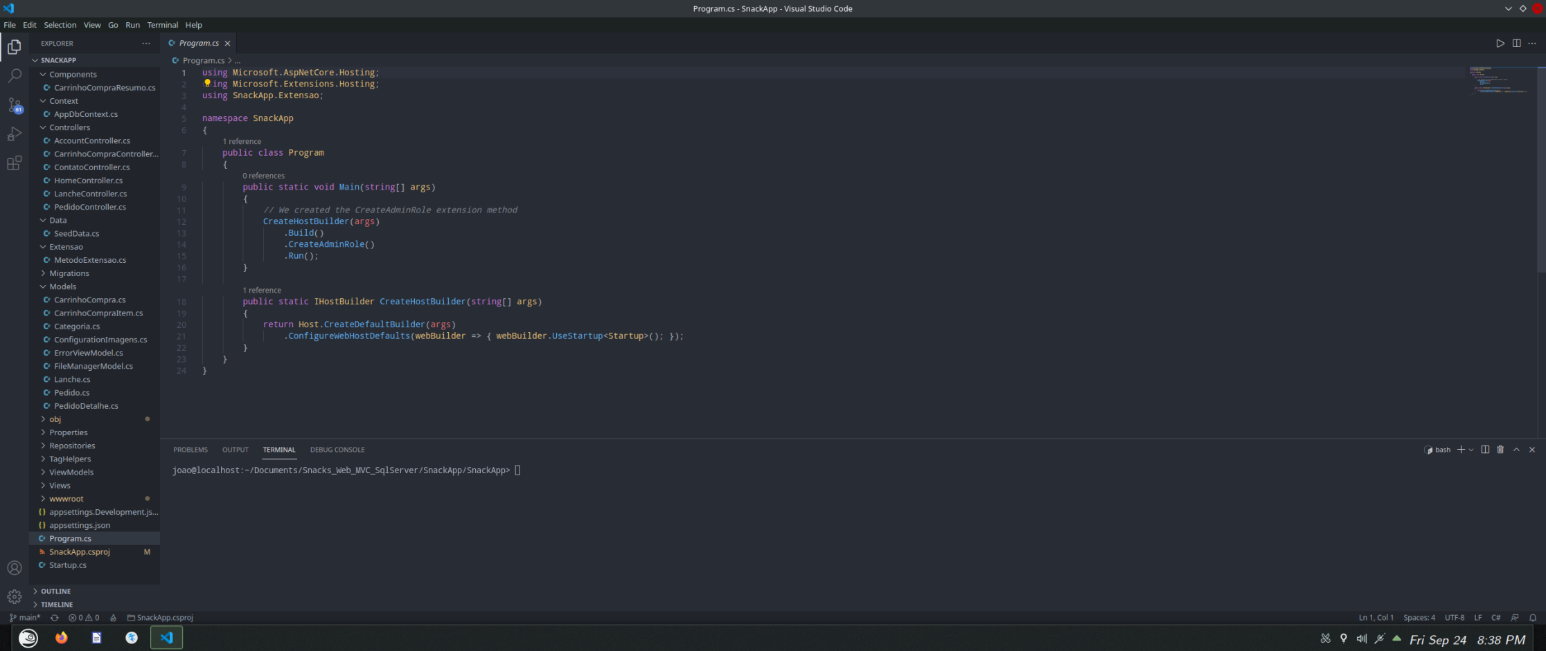 Visual Studio Code com um projeto .NET aberto e as extensões de C# ativas