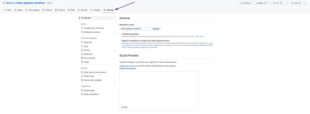 Aba Settings do repositório onde começa a configuração da aprovação no GitHub Actions