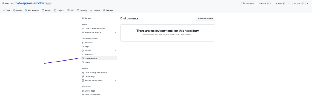 Menu lateral das configurações do repositório com a opção Environments em destaque