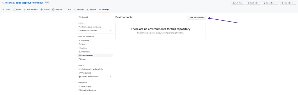 Botão New environment usado para criar o ambiente que terá a aprovação no GitHub Actions