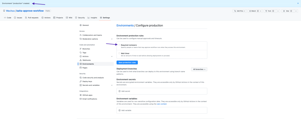 Seção Environment protection rules com a opção Required reviewers marcada para exigir aprovação no GitHub Actions