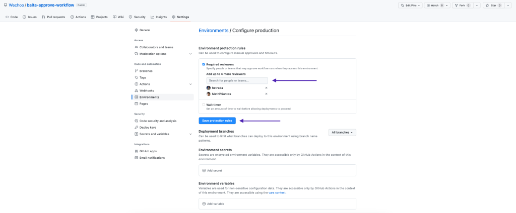 Lista de revisores preenchida e botão Save protection rules para salvar a regra de aprovação no GitHub Actions