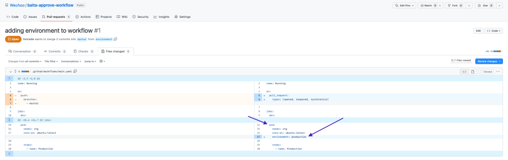 Diff do pull request mostrando a linha environment production adicionada ao job prd