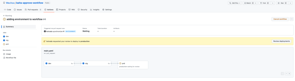 Execução de workflow com aviso amarelo informando que o job aguarda aprovação no GitHub Actions por um revisor