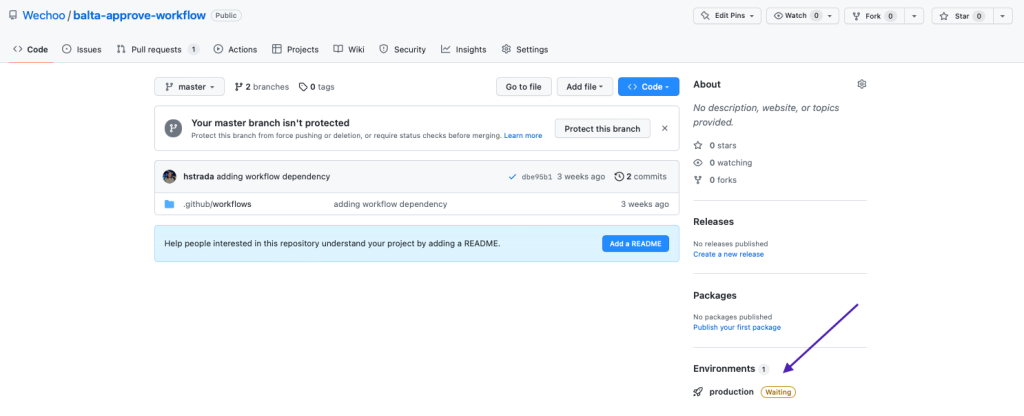 Página principal do repositório exibindo o environment production na lateral, com o histórico de deployments