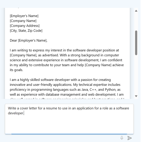 Playground do Azure AI Studio usando um modelo de generative AI do Azure OpenAI para responder a uma mensagem em linguagem natural