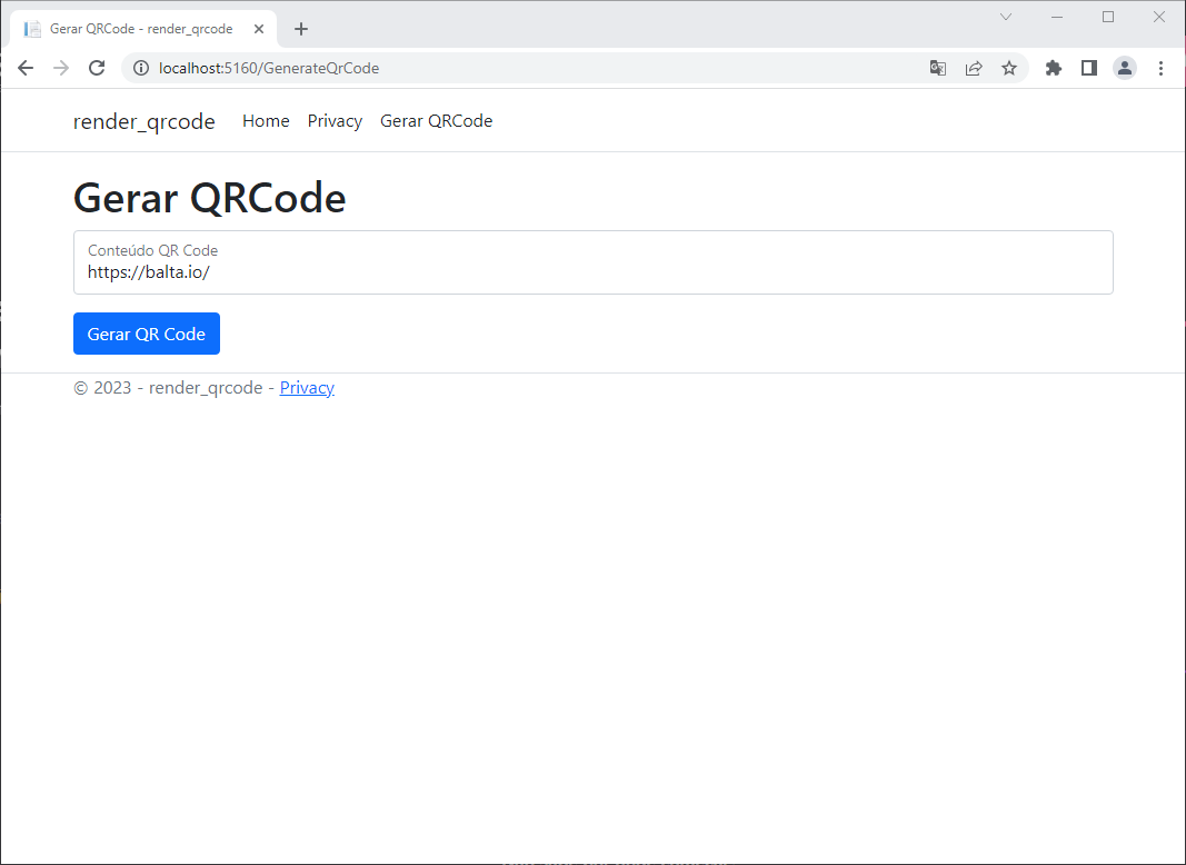Tela da aplicação ASP.NET Core durante o preenchimento e envio do formulário de geração
