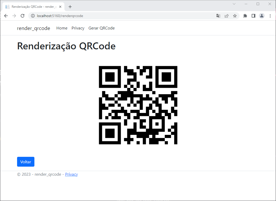 Página de renderização exibindo o código QR gerado e o botão para voltar ao formulário