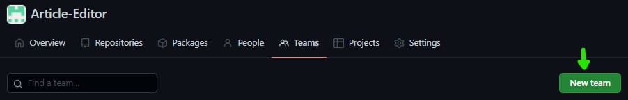 Botão New team exibido na listagem de equipes da organização