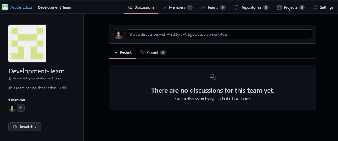Página de visualização de uma das equipes no GitHub logo após a criação