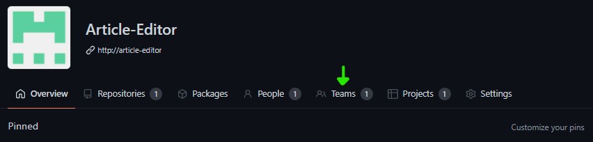 Menu da página de uma organização com a aba que dá acesso às equipes no GitHub