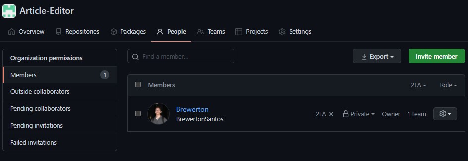 Página de pessoas das organizações no GitHub listando membros com papel, visibilidade e equipes