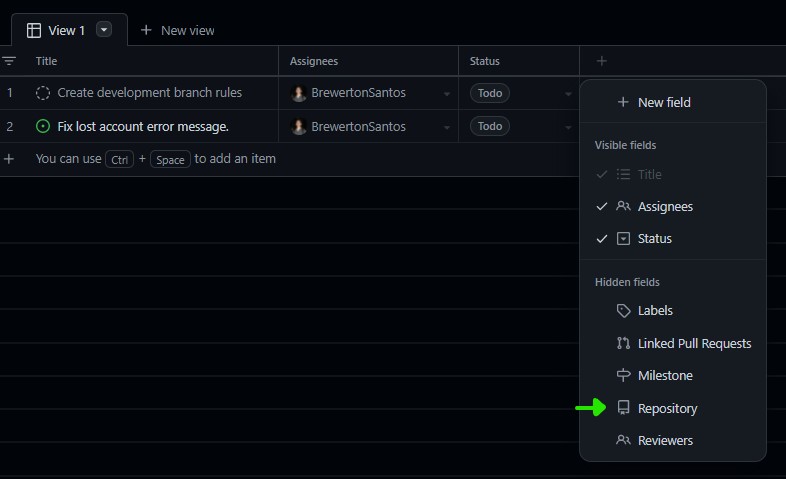 Menu de adição de campos com a opção Repository selecionada na gestão de projetos no GitHub