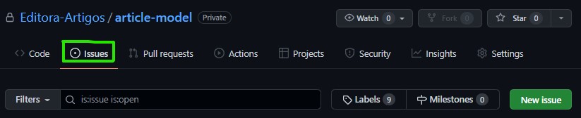 Página de issues do repositório com o botão para criar uma nova issue