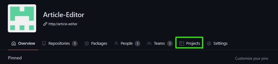 Menu da organização com a opção Projetos em destaque para iniciar a gestão de projetos no GitHub