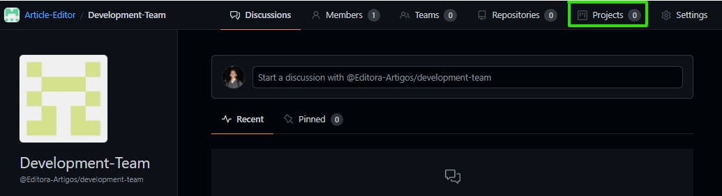 Página de uma equipe com a aba Projetos no menu superior