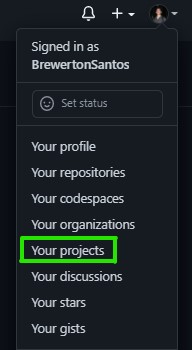 Menu do perfil do usuário aberto com a opção Seus projetos