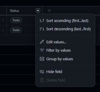 Menu da coluna Status com a opção Editar valores