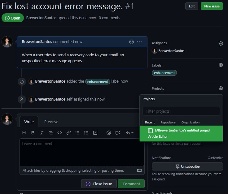 Menu lateral da issue com a seleção do projeto para a gestão de projetos no GitHub
