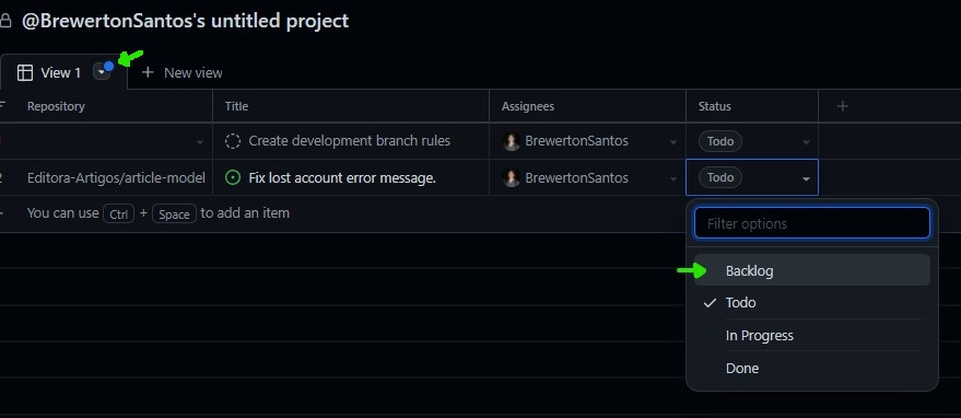 Coluna Status exibindo a opção Backlog entre os valores disponíveis