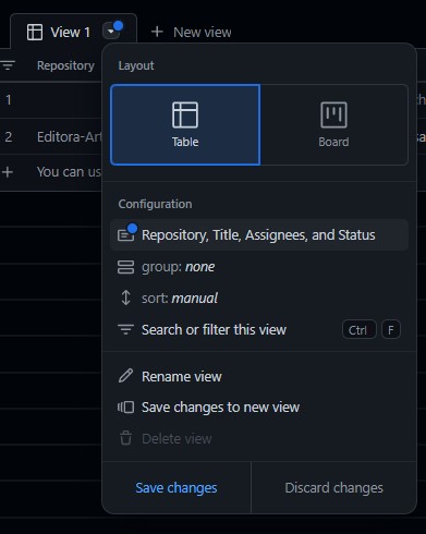 Menu da view aberto com a opção Salvar mudanças