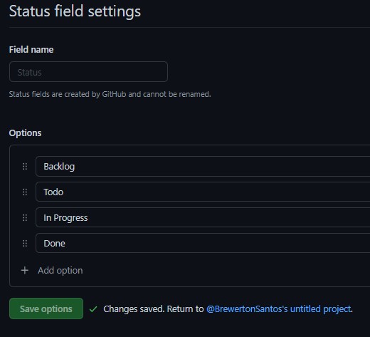 Tela de edição das opções do campo Status com a nova opção Backlog