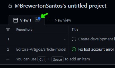 Cabeçalho da view com o indicador de mudanças não salvas na gestão de projetos no GitHub