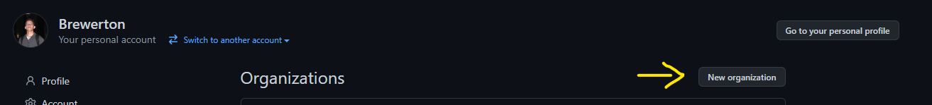 Botão New organization na tela que lista as organizações no GitHub do usuário