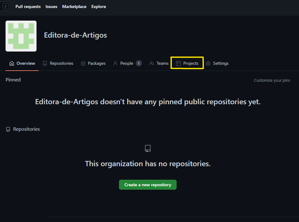 Página de uma das organizações no GitHub exibindo a aba Projects com os quadros compartilhados
