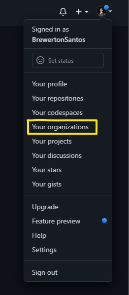 Configurações do perfil no GitHub com a opção Organizations, ponto de partida para criar organizações no GitHub