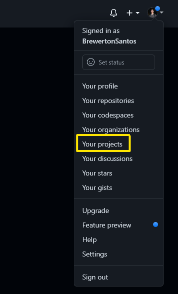 Menu do perfil de usuário no GitHub com a aba Projects destacada para acessar os projetos pessoais