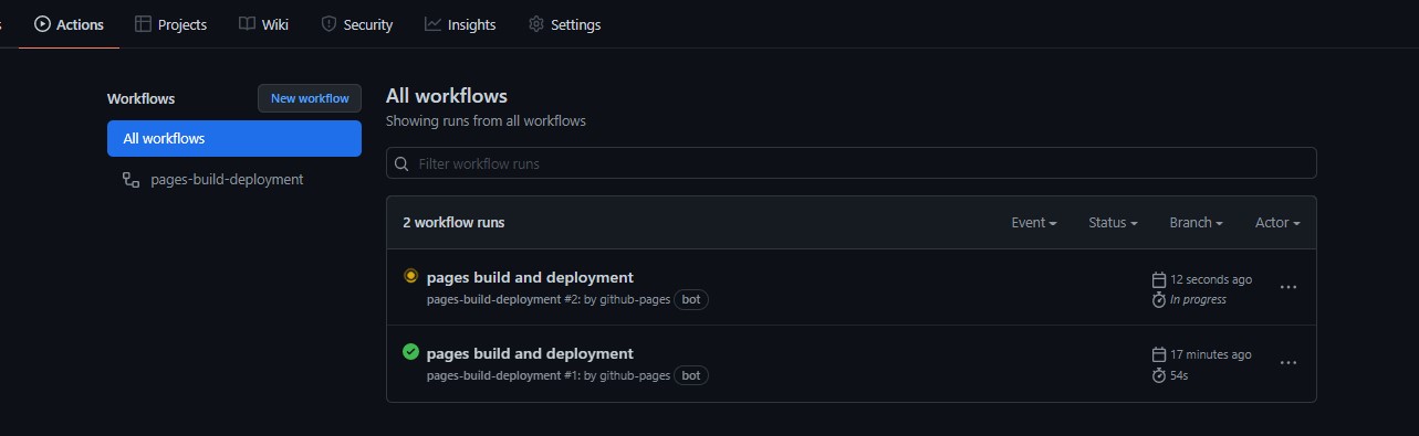 Aba Actions do repositório exibindo a execução do workflow de deploy do GitHub Pages