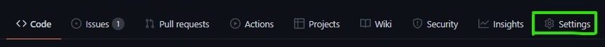 Menu superior de um repositório de organização no GitHub com a aba de configurações em destaque, primeiro passo para ativar o GitHub Pages