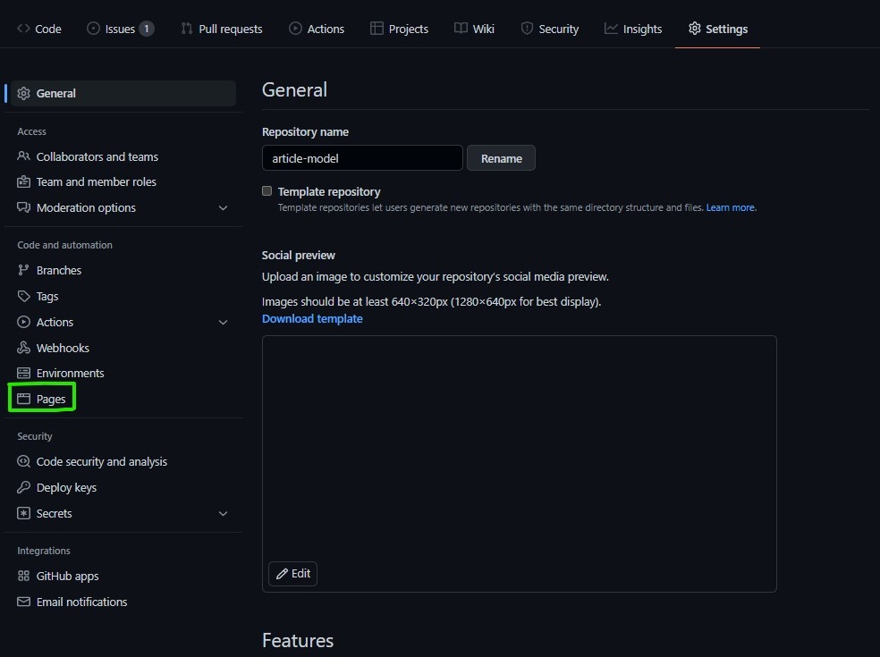Menu lateral das configurações do repositório com o item Pages selecionado dentro da seção Code and automation