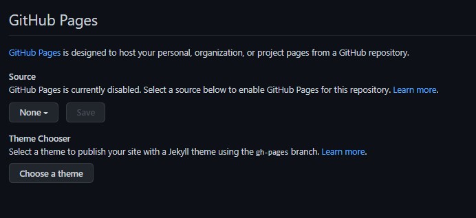Tela de configuração do GitHub Pages com a seleção da branch de publicação, da pasta de origem e da opção de tema