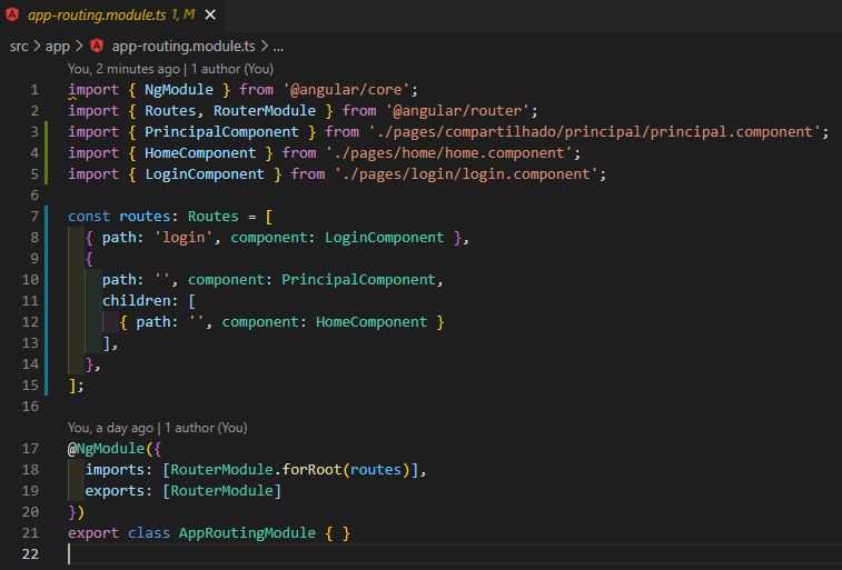 Arquivo app-routing.module.ts com a rota de login e a rota raiz contendo a Home como rota filha do layout