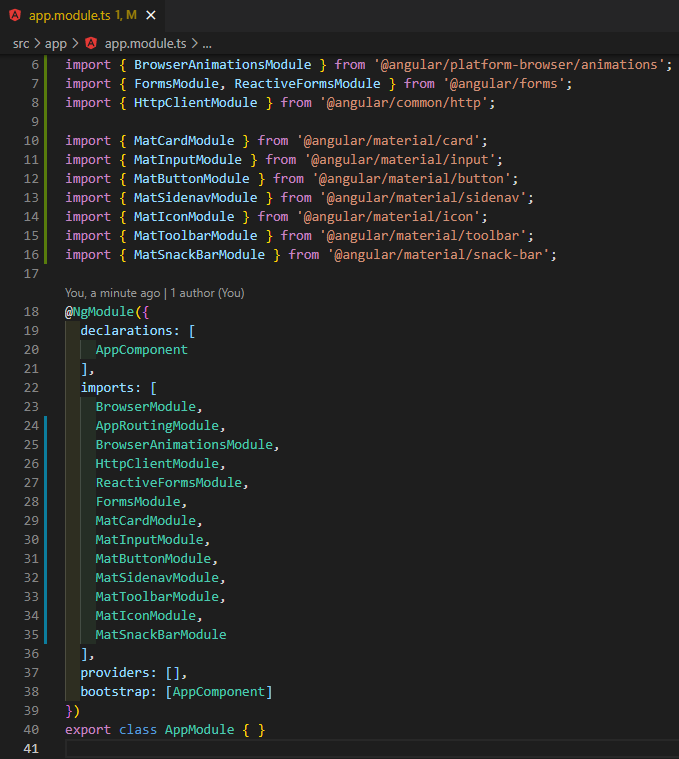 Arquivo app.module.ts importando os módulos do Angular Material, de formulários reativos e do HttpClient