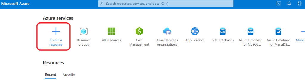 Portal do Azure com a opção Create a resource destacada, primeiro passo para usar machine learning no Azure