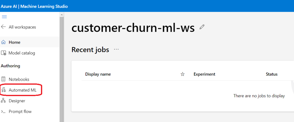 Tela do Automated ML no estúdio, usada para criar o job de machine learning no Azure