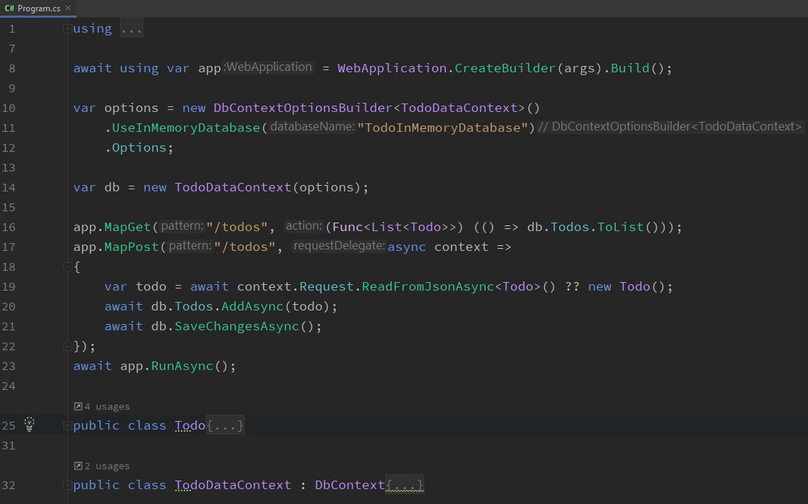 Código de uma API completa de lista de tarefas escrita com Microsoft .NET, Minimal APIs e Entity Framework Core em memória, cabendo em uma única tela
