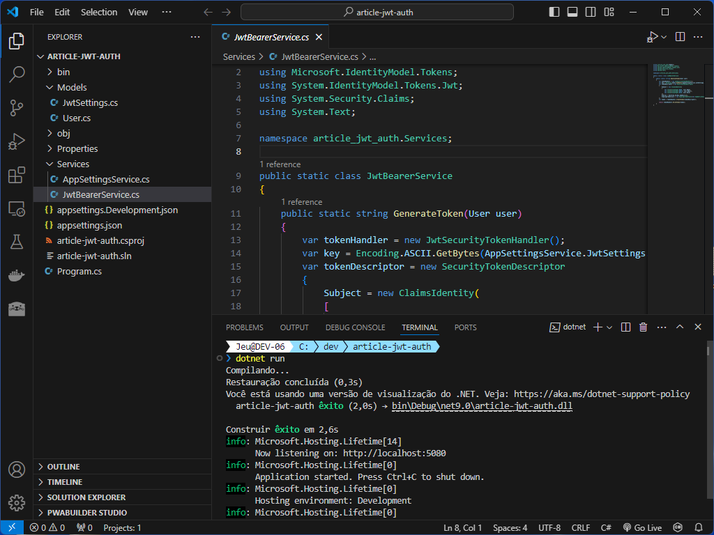 Estrutura do projeto article-jwt-auth com Program.cs, classes User, JwtSettings e serviços de token