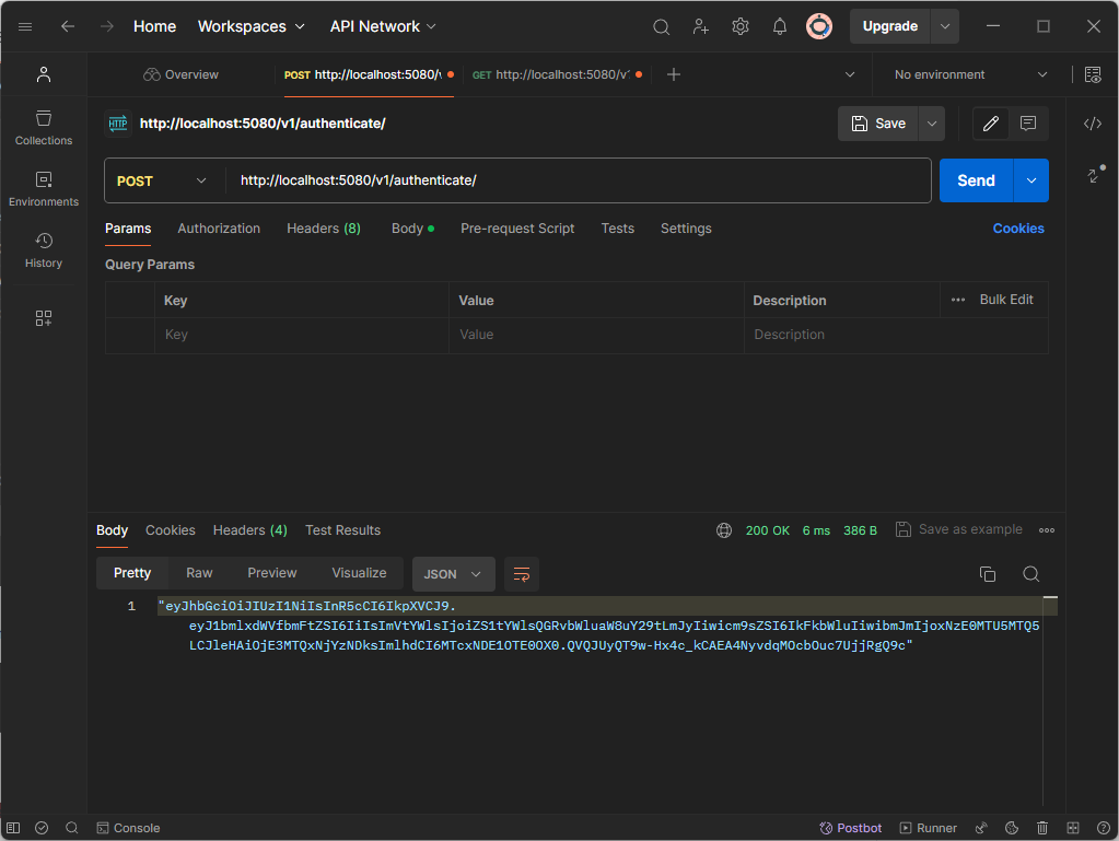 Postman enviando credenciais ao endpoint de autenticação da minimal api JWT e recebendo o token na resposta