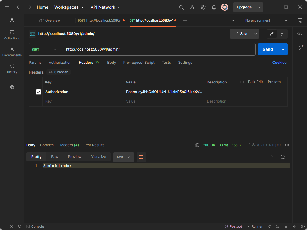Postman chamando um endpoint protegido com o cabeçalho Authorization preenchido com o token Bearer
