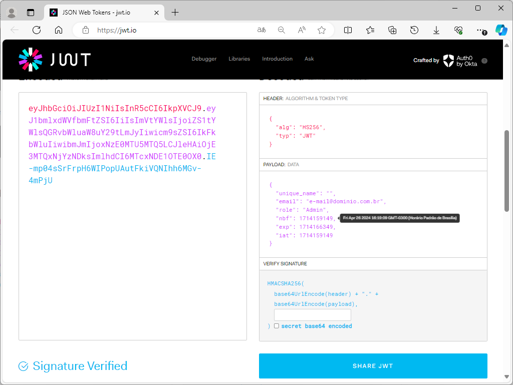 Token JWT decodificado no jwt.io exibindo header, payload com claims de nome, e-mail e role, e assinatura